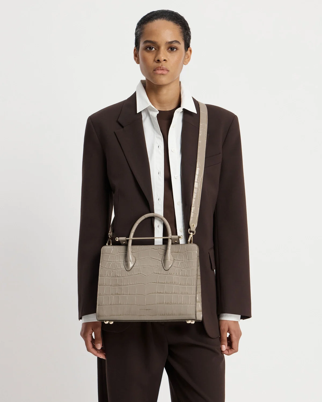 Midi Tote - Croc-Embossed Leather Light Taupe