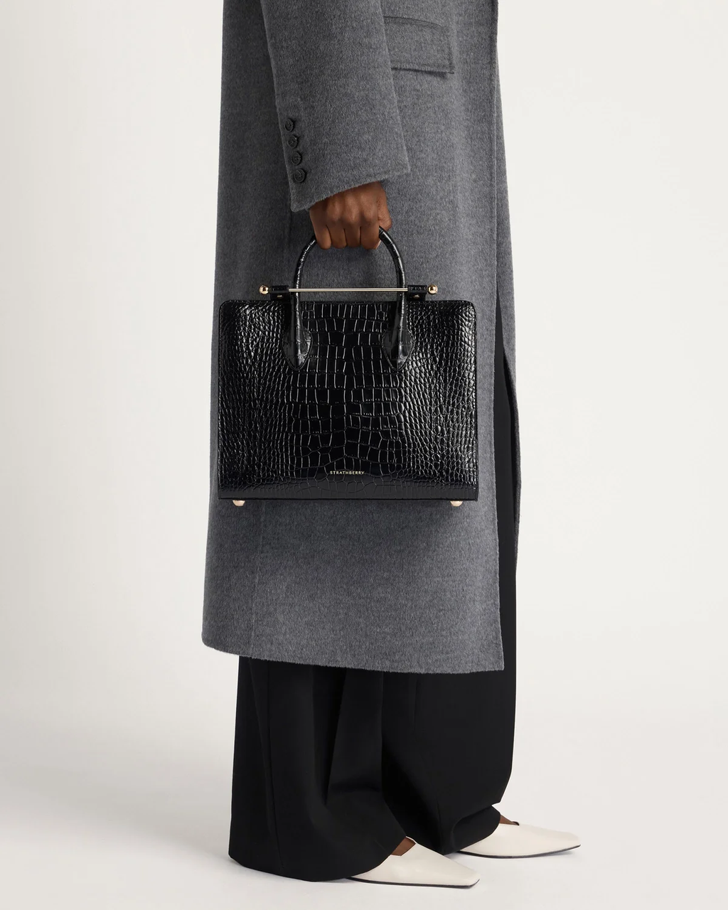 Midi Tote - Croc-Embossed Leather Black
