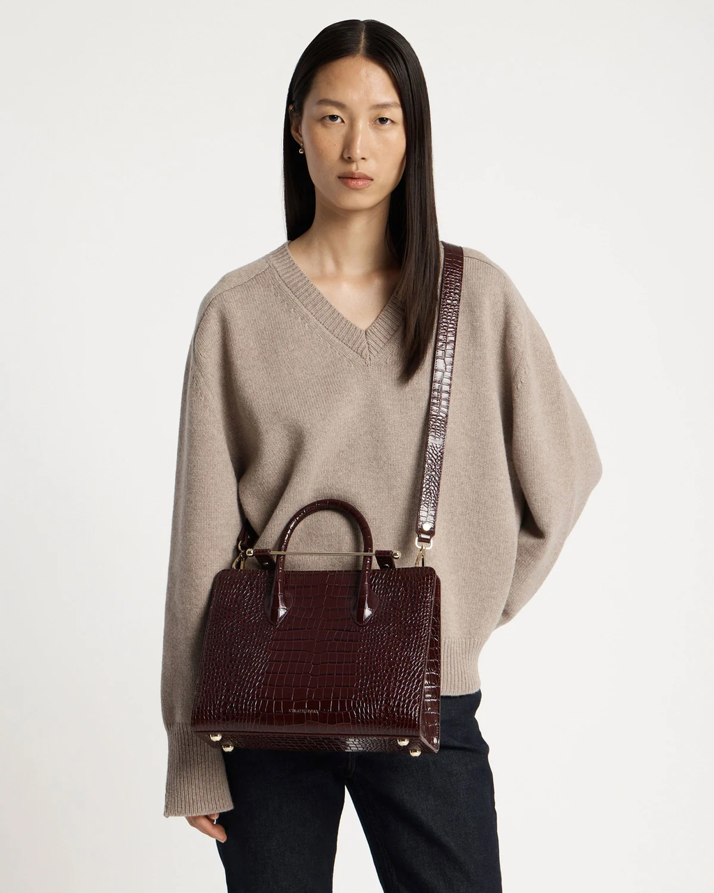 Midi Tote - Croc-Embossed Leather Burgundy