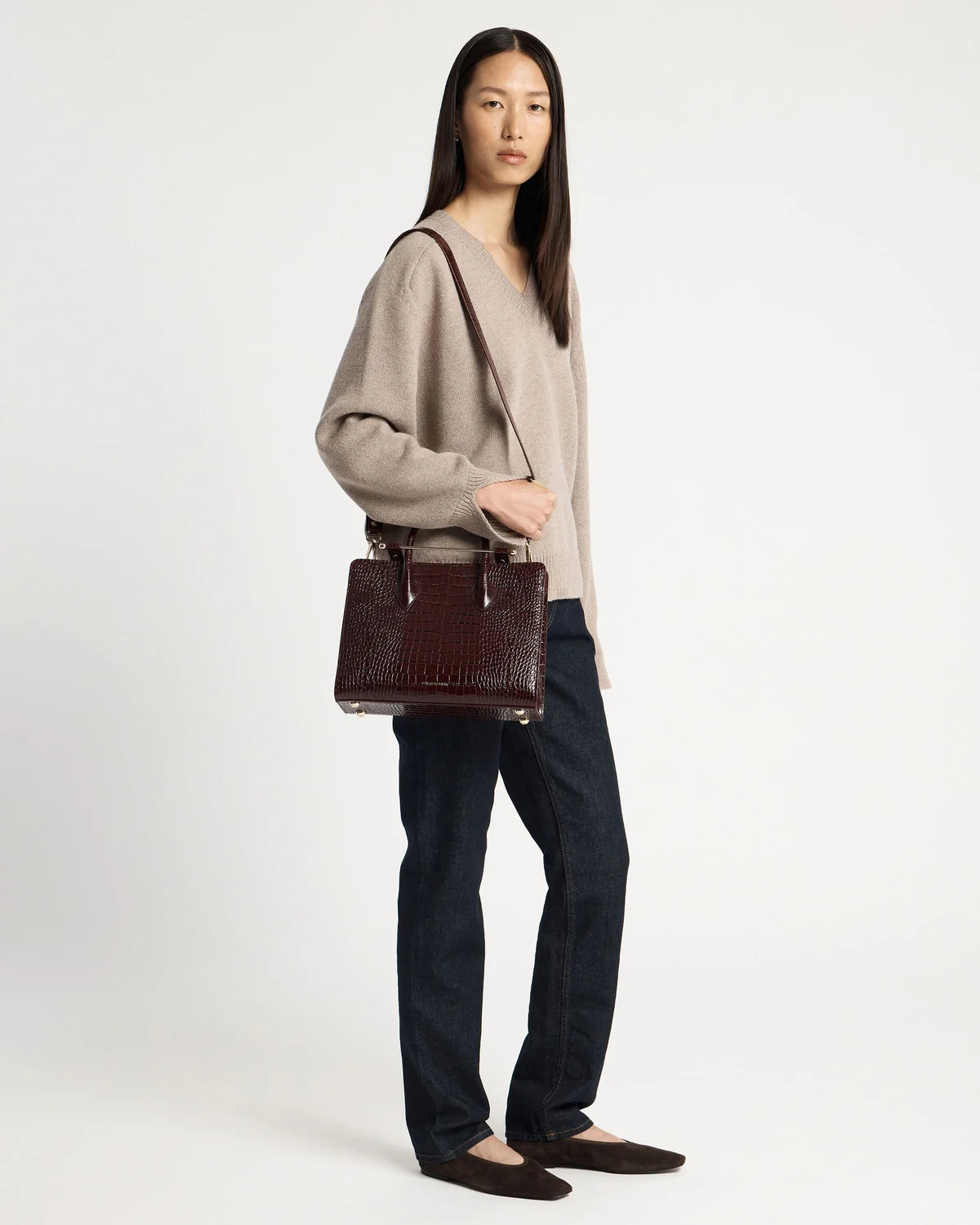 Midi Tote - Croc-Embossed Leather Burgundy