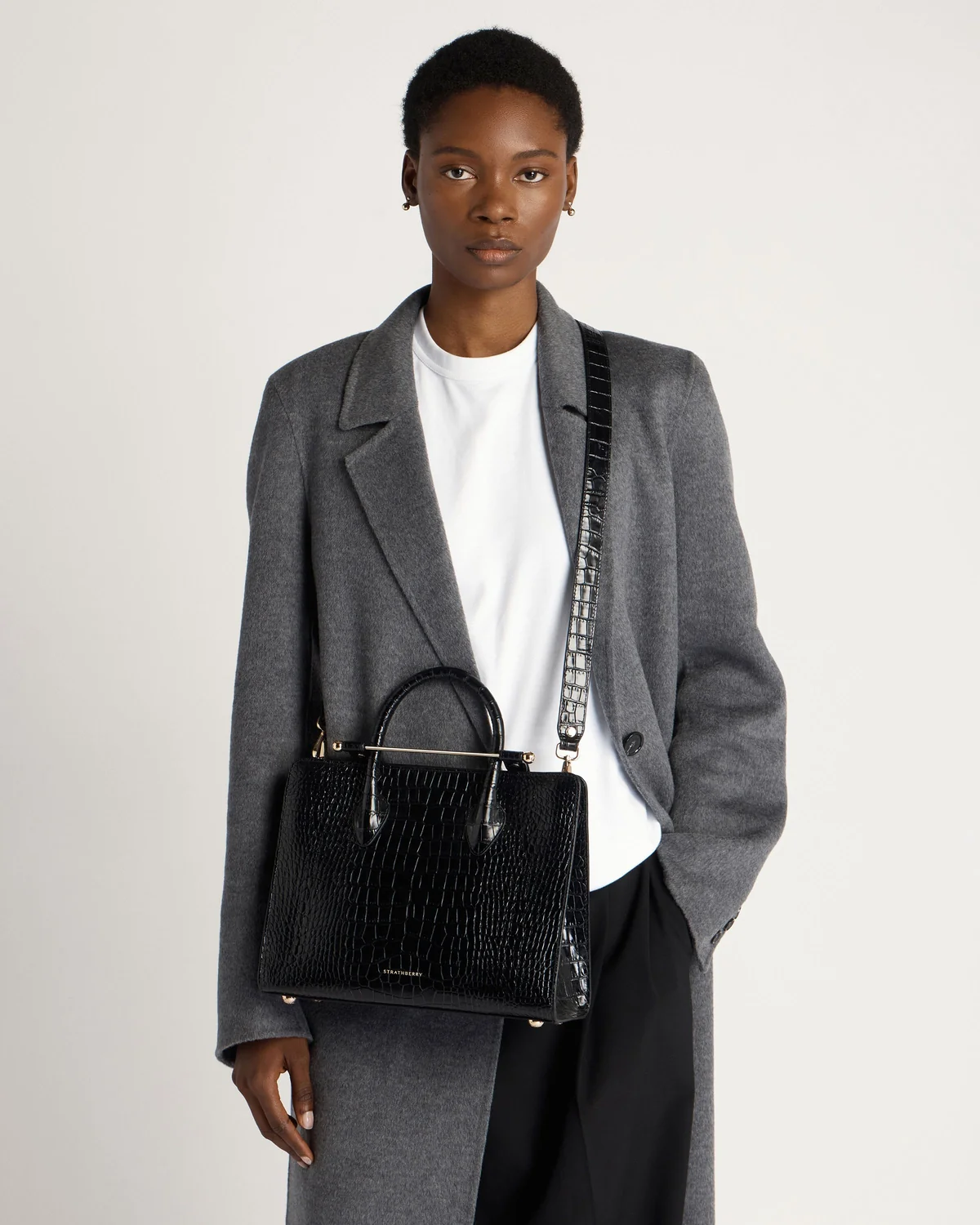 Midi Tote - Croc-Embossed Leather Black