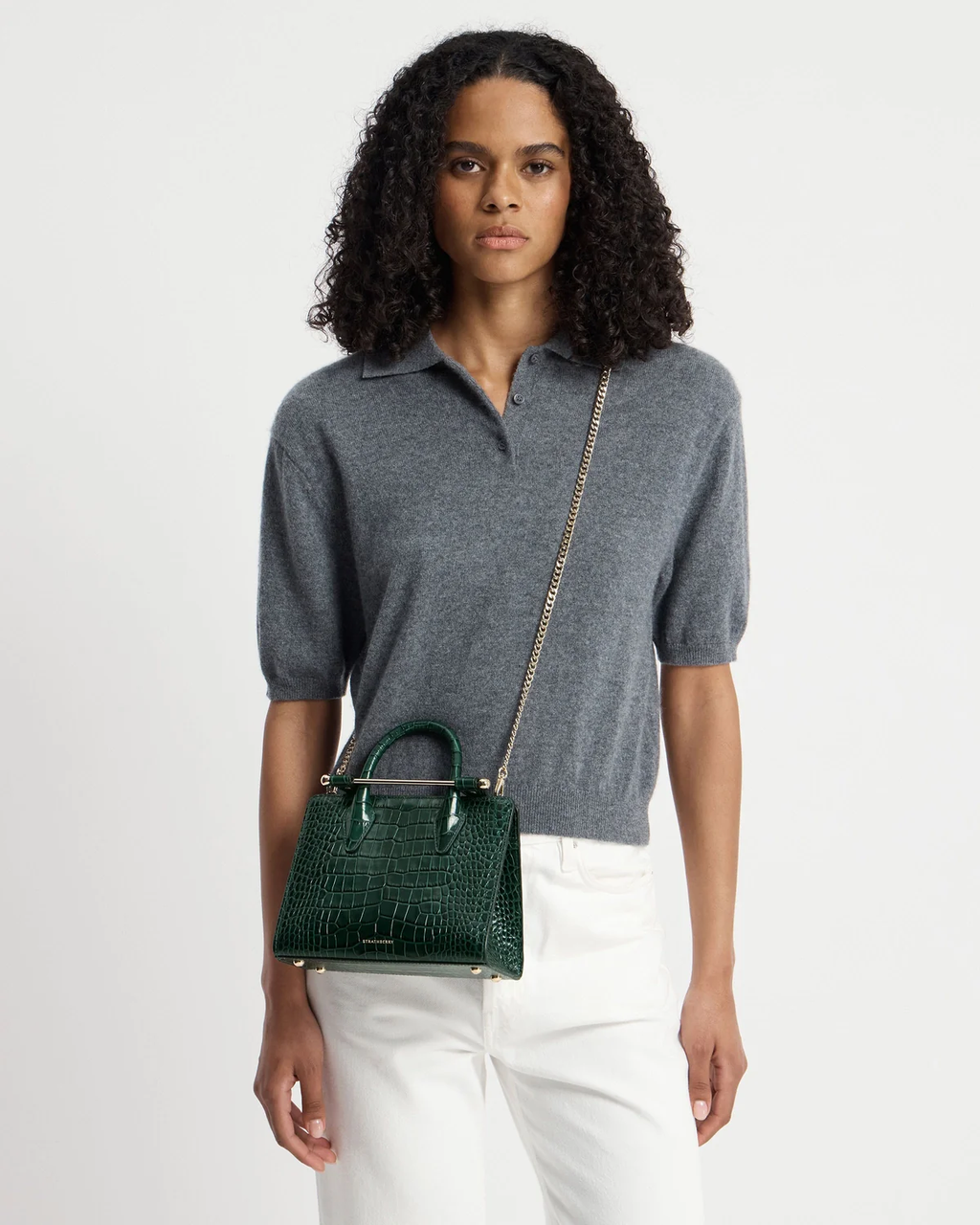 Mini Tote - Croc-Embossed Leather Bottle Green