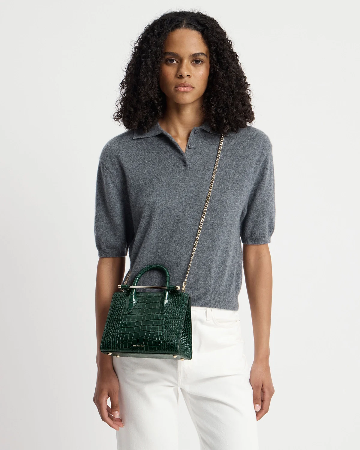 Mini Tote - Croc-Embossed Leather Bottle Green